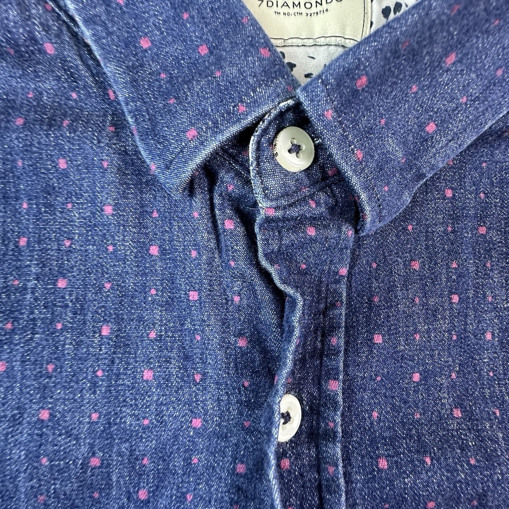 7 Diamonds Audio Tree Shirt Mens XL Blue Dots Stretch Denim Woven Button Up - Picture 8 of 14